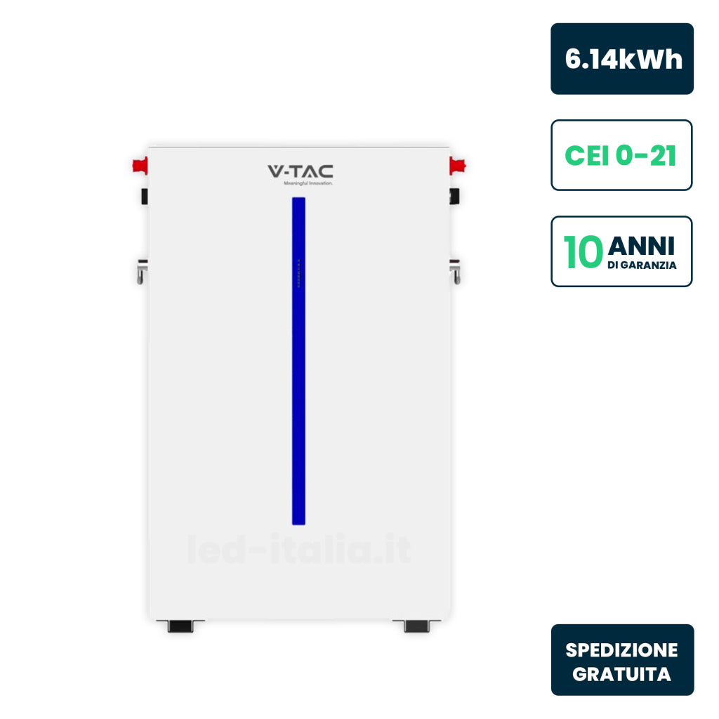 V-TAC Batteria di Accumulo 6.14kWh al Litio-Ferro-Fosfato LiFePO4 BMS Integrato per Inverter Fotovoltaici CEI 0-21 51.2V 120Ah Garanzia 10 Anni IP65 V-TAC Batteria di Accumulo 6.14kWh al Litio-Ferro-Fosfato LiFePO4 BMS Integrato per Inverter Fotovoltaici CEI 0-21 51.2V 120Ah Garanzia 10 Anni IP65